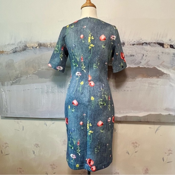 MARGARET O'LEARY Scuba Sheath Dress Womens‎ M Cottagecore Blue Floral Quilted - Picture 6 of 13